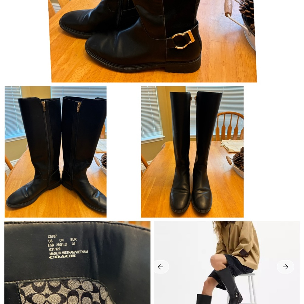 Coach Black Leather Heeled Boots with Gold Buckle